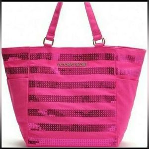 New Victoria's Secret Sequin Pink Magenta Tote Purse Beach Bag Shopper pockets